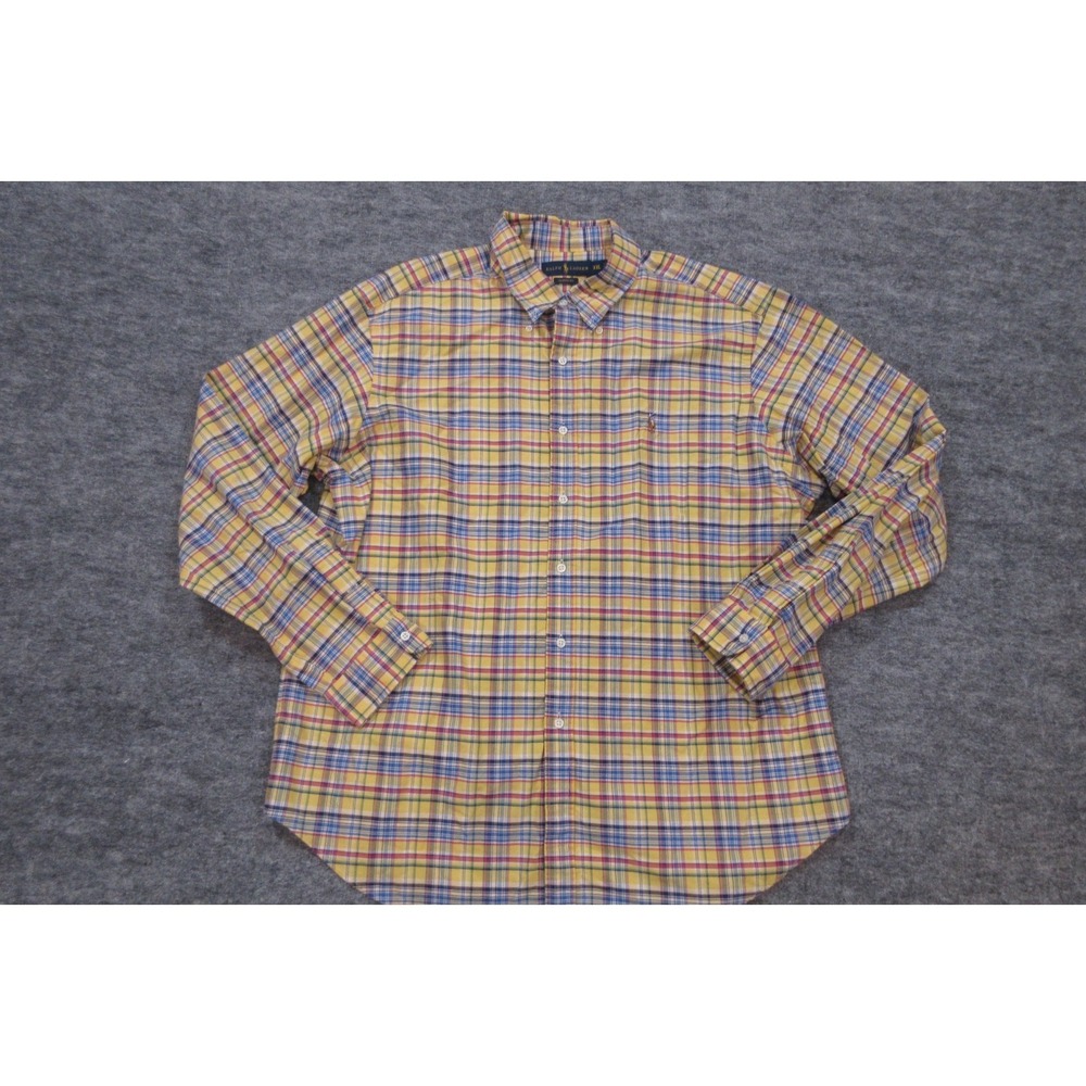 Polo Ralph Lauren Shirt Mens 2XL Yellow Plaid Button Up Thick Twill‎ Workshirt